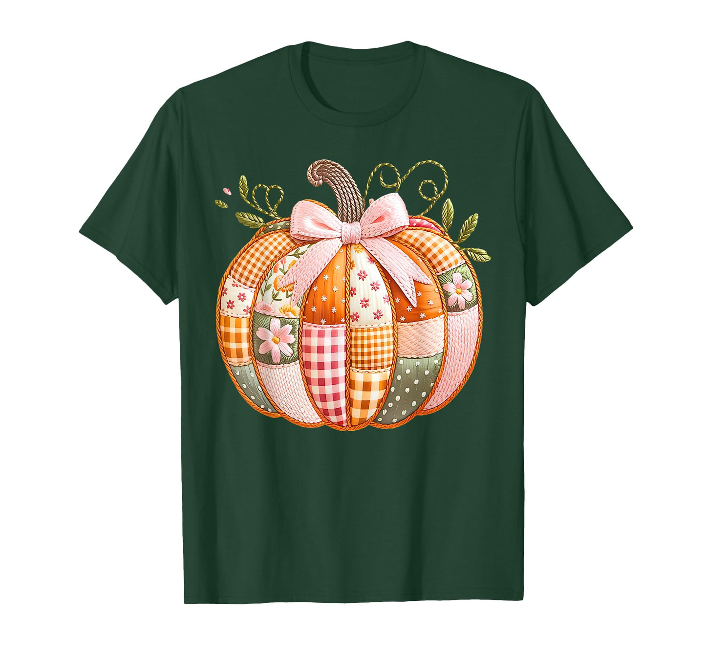 Coquette Bow Floral Patchwork Pumpkin Thanksgiving Autumn T-Shirt