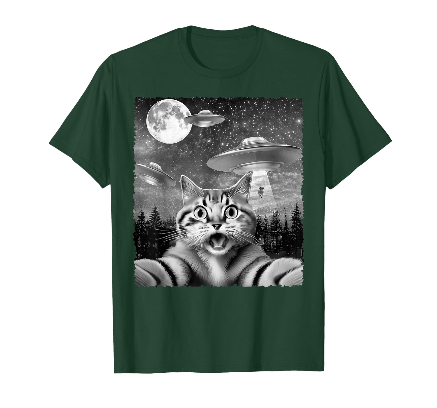Funny Alien Cat Selfie with UFOs Gift Idea Men Women Kids T-Shirt