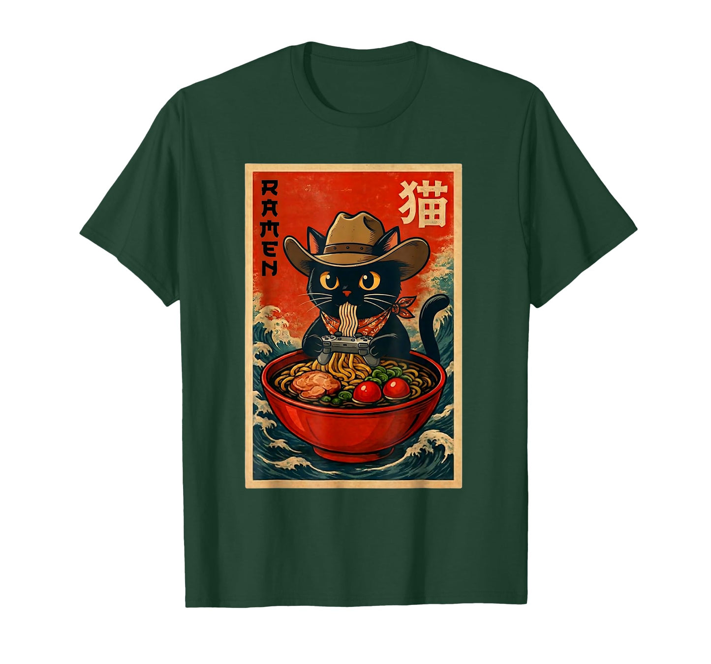 Cowboy Cat Ramen Retro Japanese Cat Gaming Noodle Teens T-Shirt