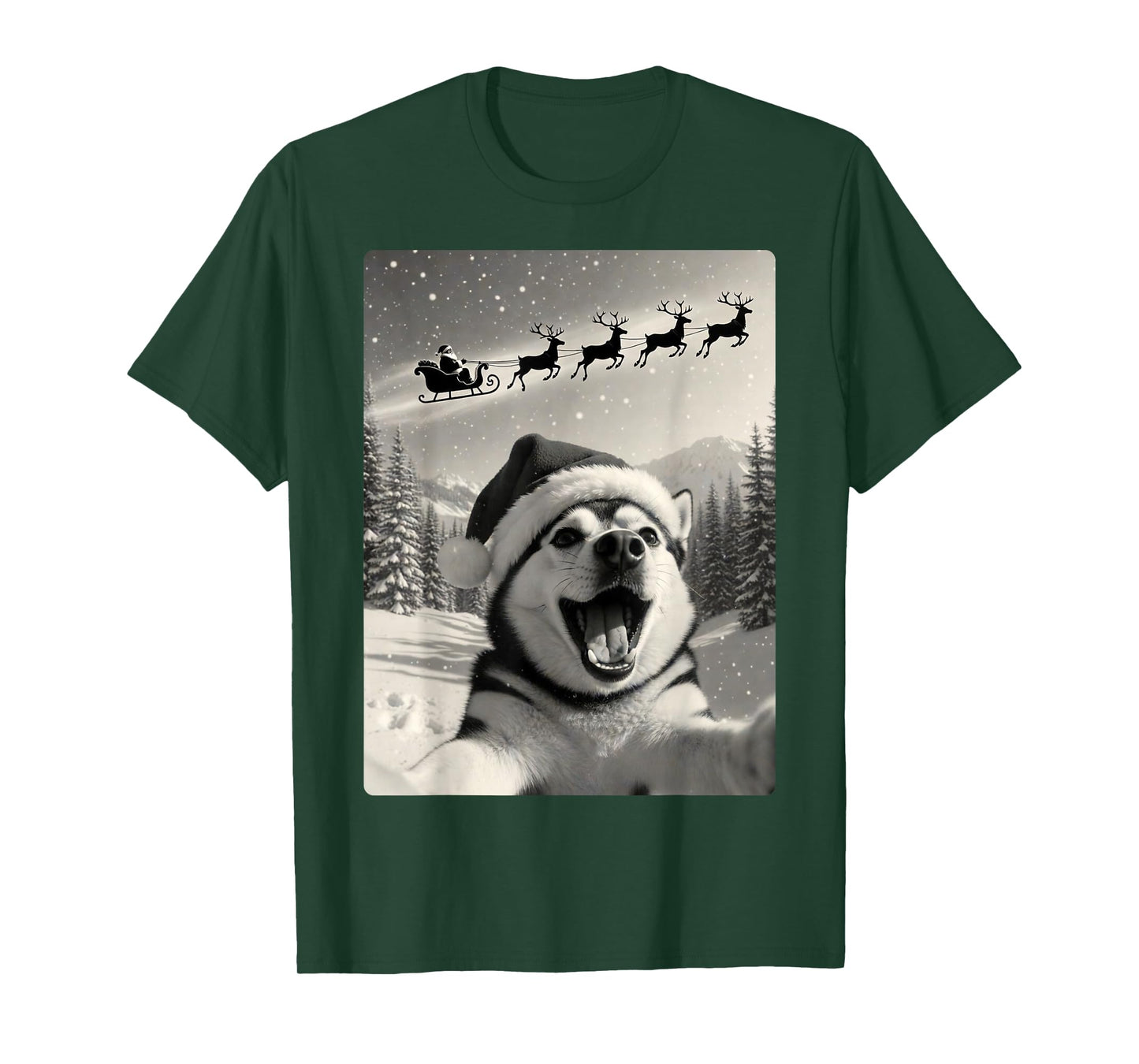 Good Boy Husky Dog Selfie with Santa Sleigh Funny Christmas T-Shirt