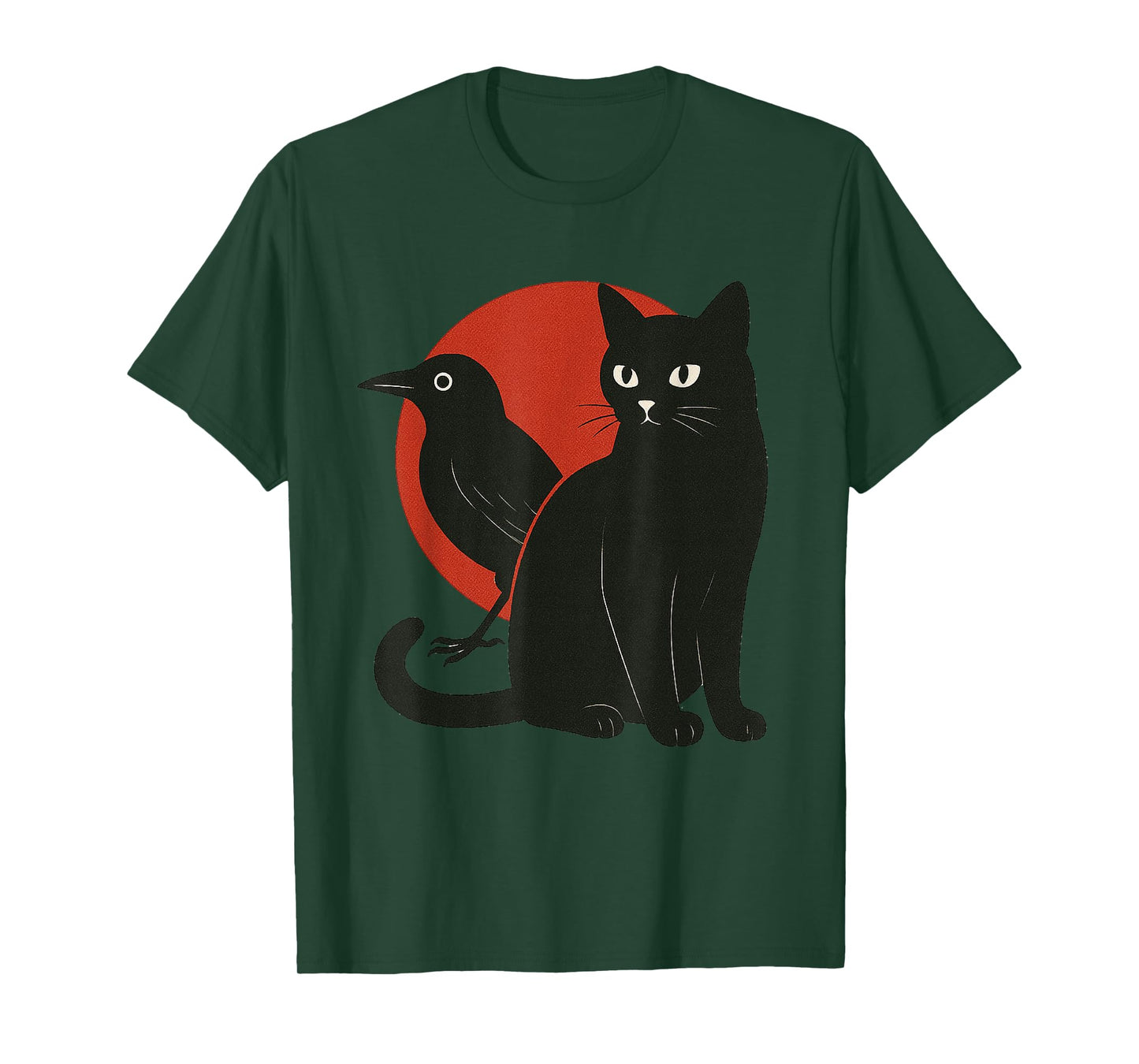 Minimal Black Cat and Raven Red The Moon Symbolic Murakami T-Shirt