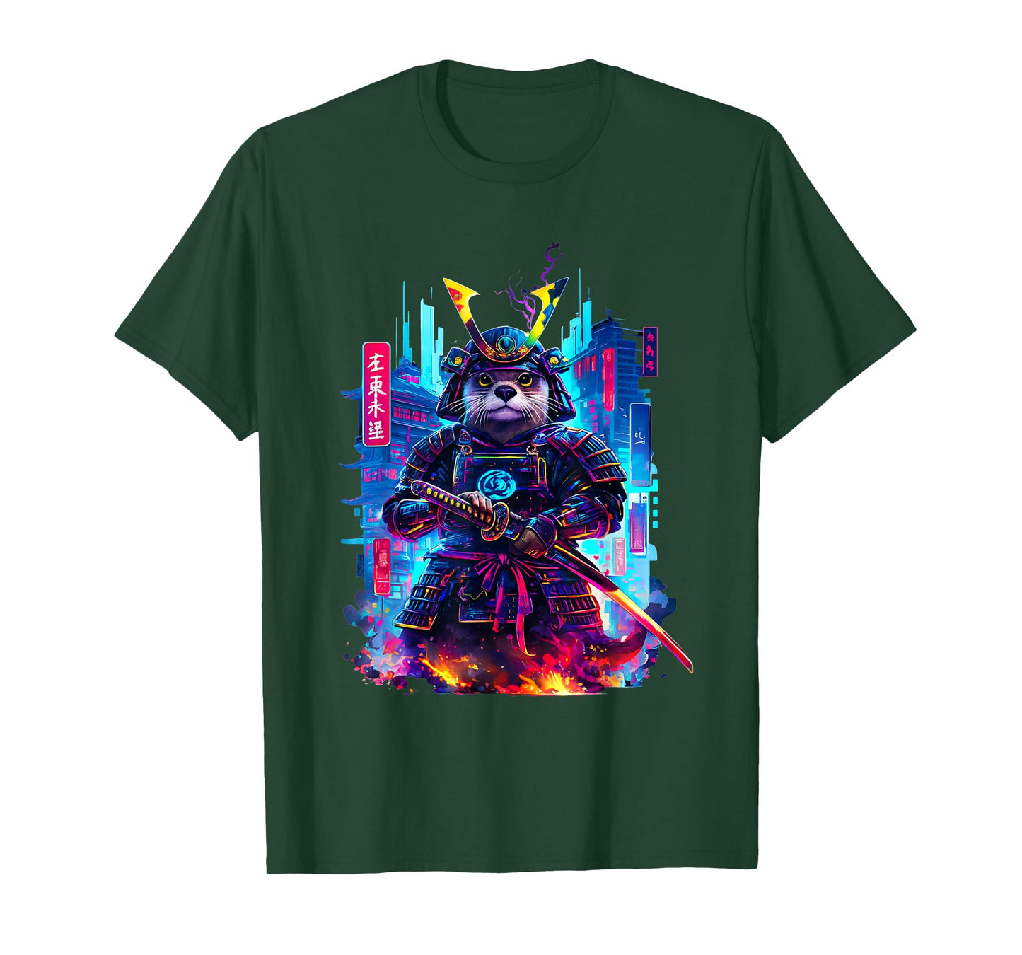 Otter Katana Cyberpunk Neon Samurai Japanese Art T-Shirt