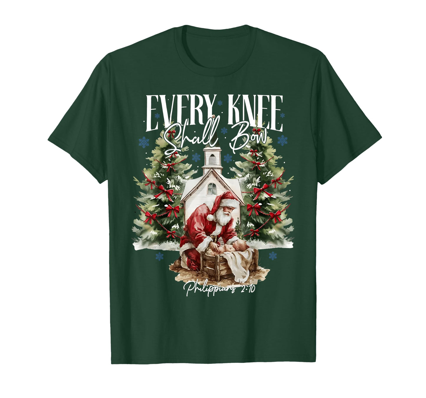 Every Knee Shall Bow Santa Christmas Nativity Scene Women T-Shirt