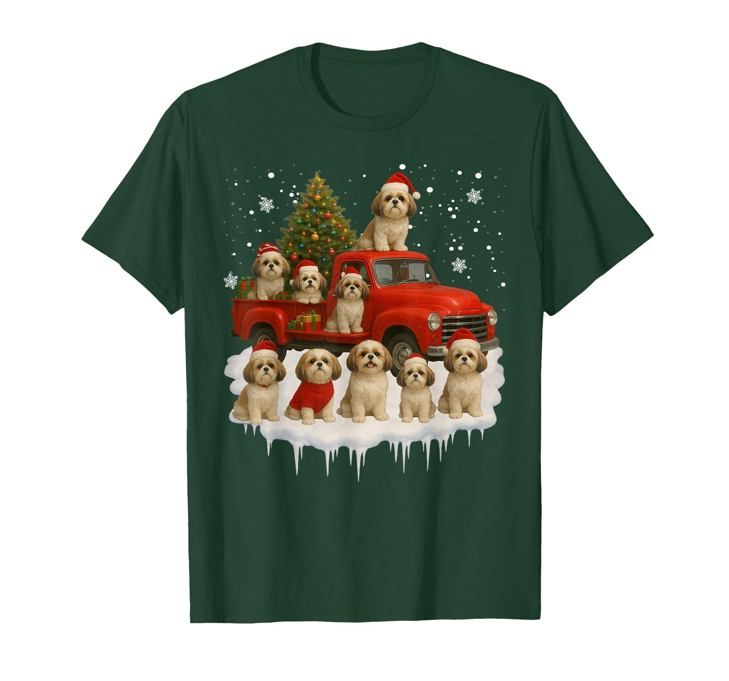Shih Tzu Dog Red Truck Christmas Tree Santa Ugly Xmas T-Shirt