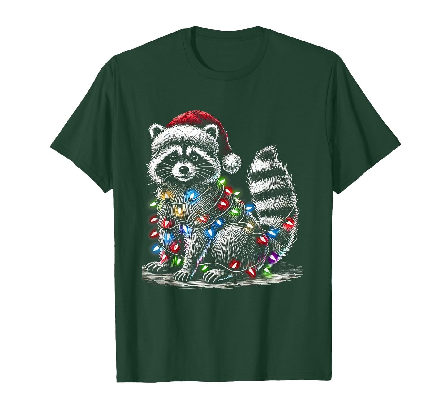 Funny Raccoon Santa Hat Christmas Tree Lights Pajama T-Shirt