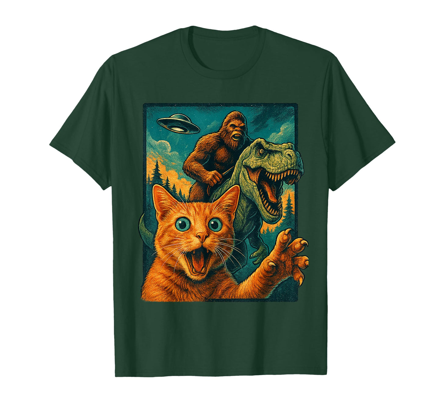 Funny Surprised Cat Selfie Ape Dinosaur Vintage Fantasy T-Shirt