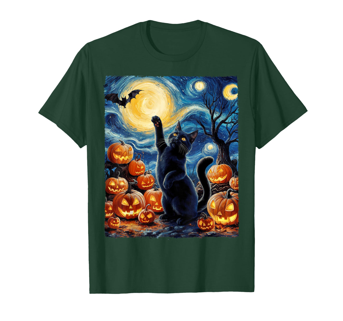 Halloween Cat Van Gogh Starry Night Pumpkin Gifts Men Women T-Shirt