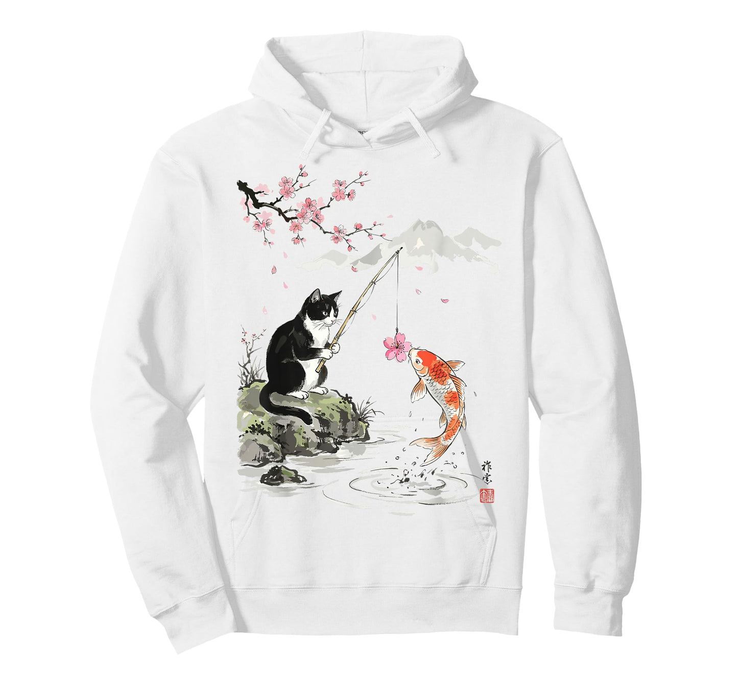 Japanese Cherry Blossom Cat Koi Fishing Funny T-Shirt