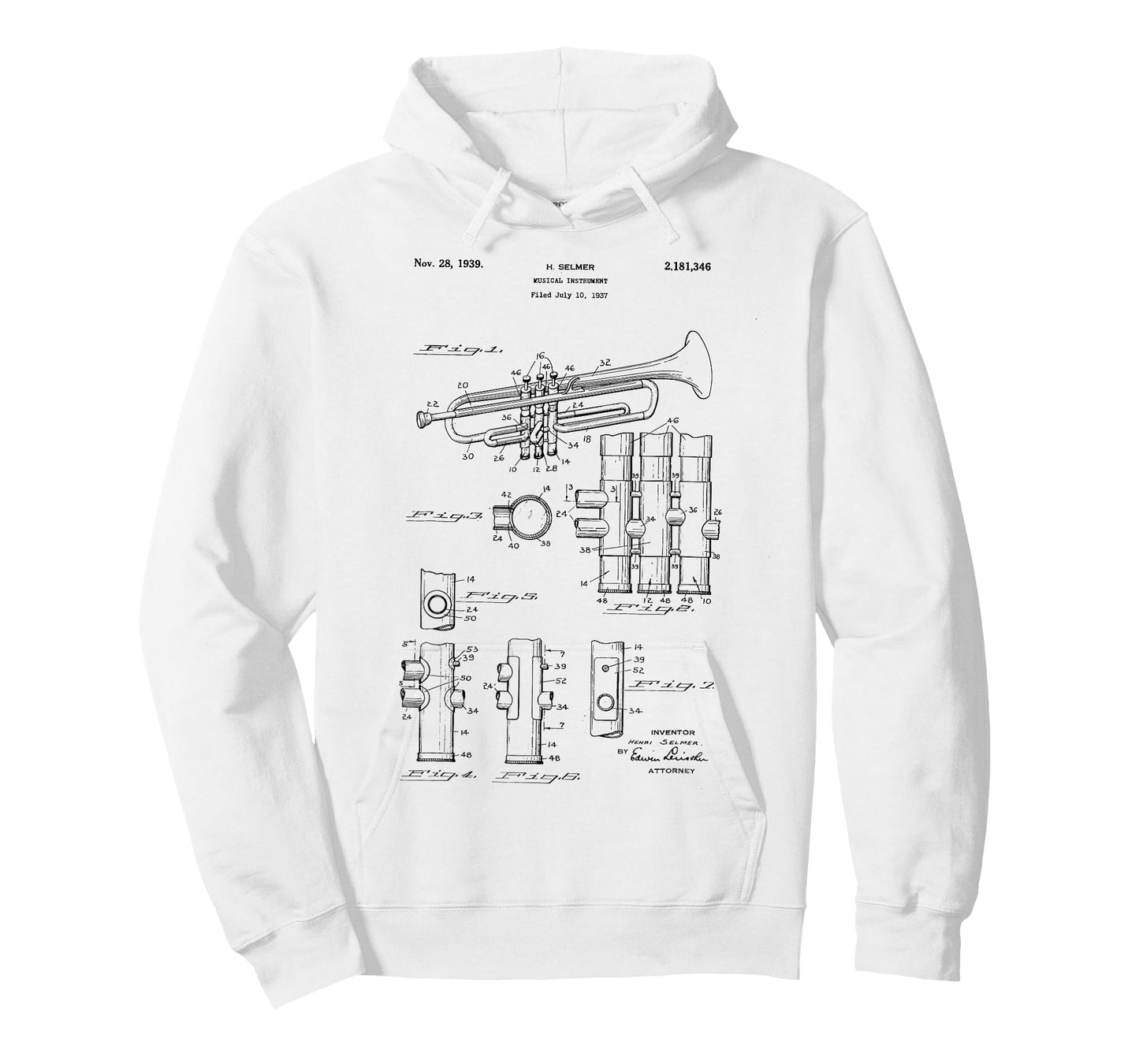 Trumpet Blueprint Vintage Patent Trumpetist Drawing Print T-Shirt