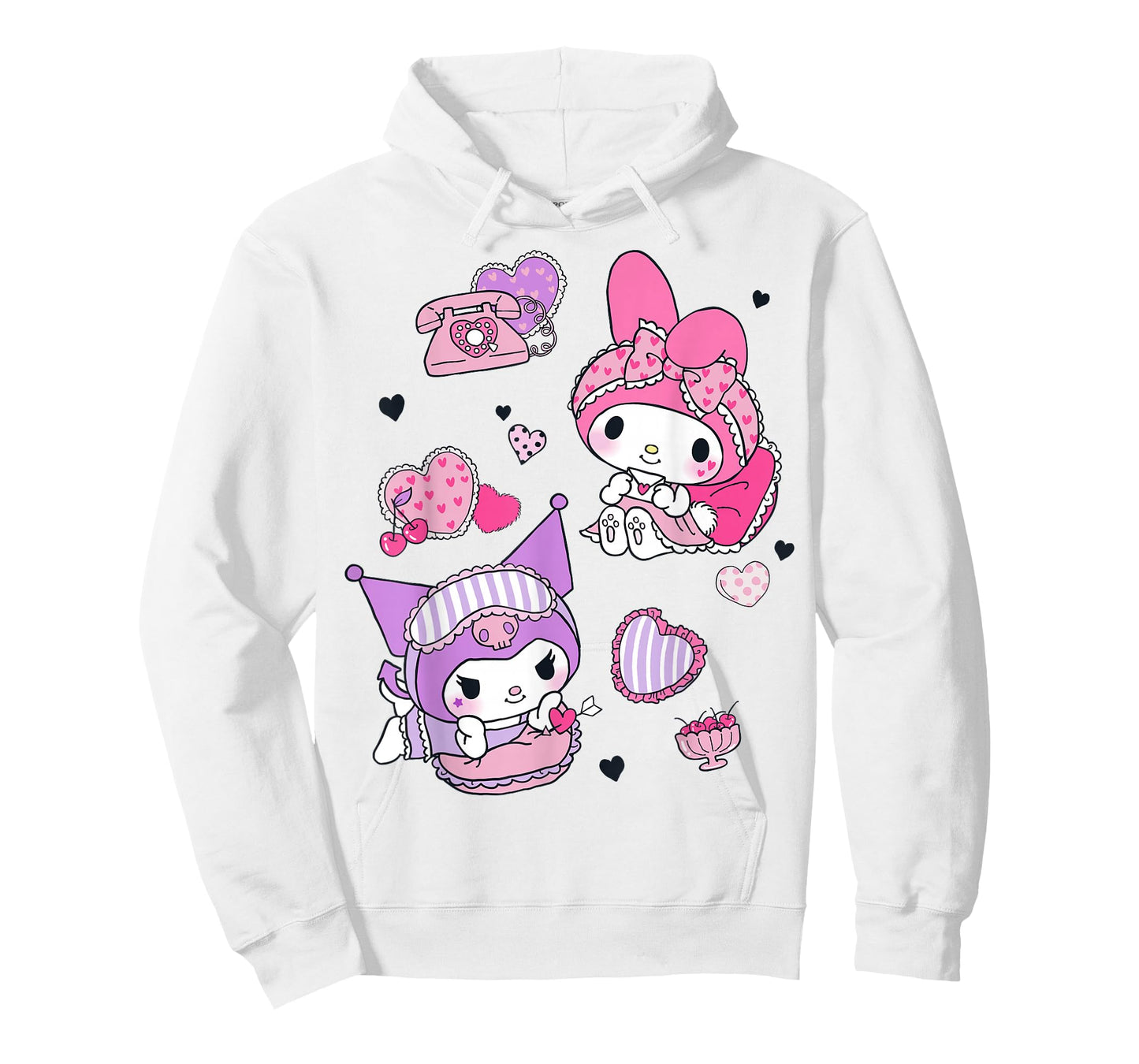 Hello Kitty My Melody and Kuromi Sleepover Fun Flying Hearts T-Shirt