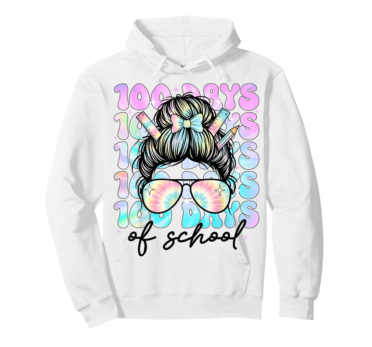 100 Days of School Girls Women 100th Day of School Messy Bun T-Shirt