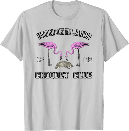 Lispe Wonderland Croquet Club with Flamingos and Hedgehog , White T-Shirt - T-Shirt | Ash