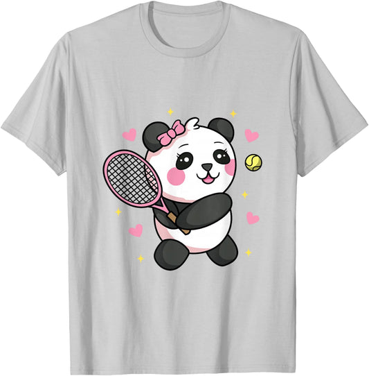 Kawaii Panda Playing Tennis T-Shirt - T-Shirt | Ash