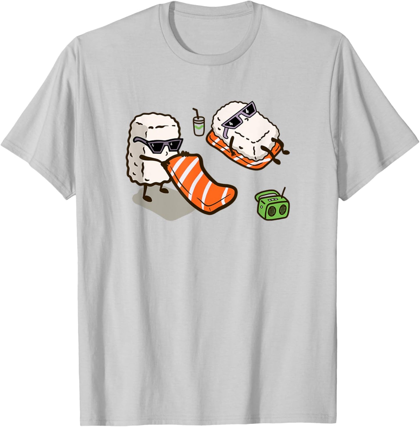 Funny Sushi Sunbathing on the Beach | Kawaii Salmon Sushi Women Girls Kids T-Shirt - T-Shirt | Ash