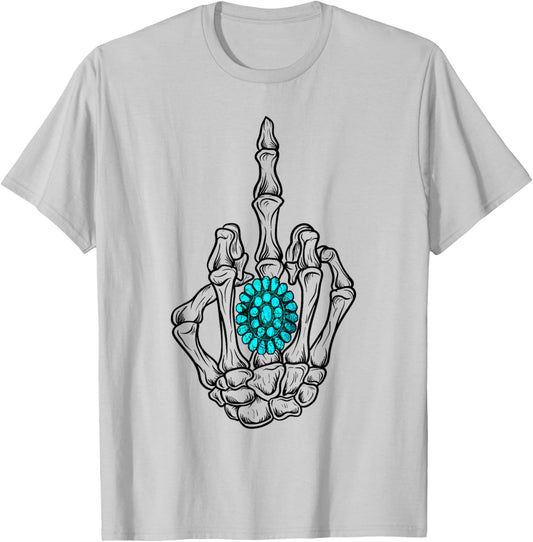 Turquoise Ring Skeleton Hand Western Cowboy Cowgirl T-Shirt - T-Shirt | Ash