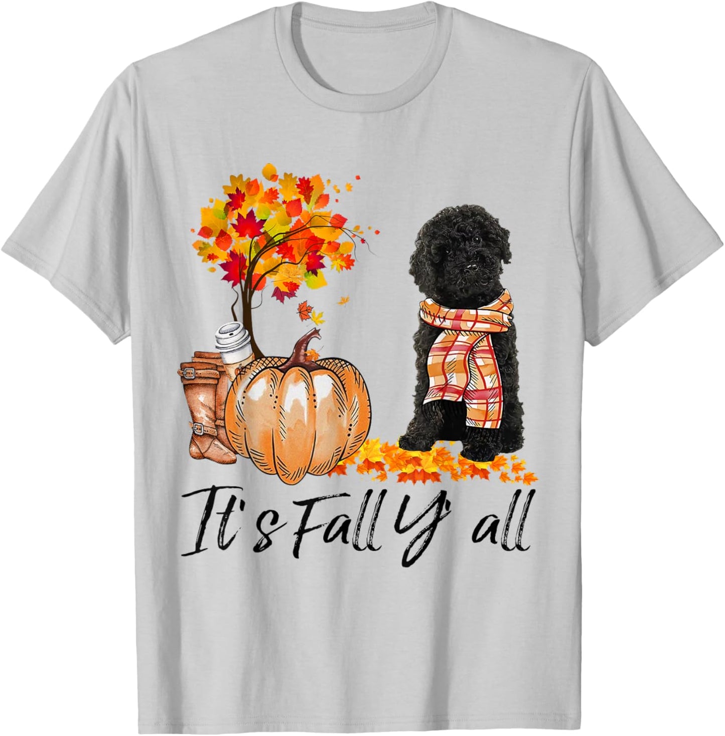 Black Labradoodle It's Fall Y'all Pumpkin Autumn Gift T-Shirt - T-Shirt | Ash