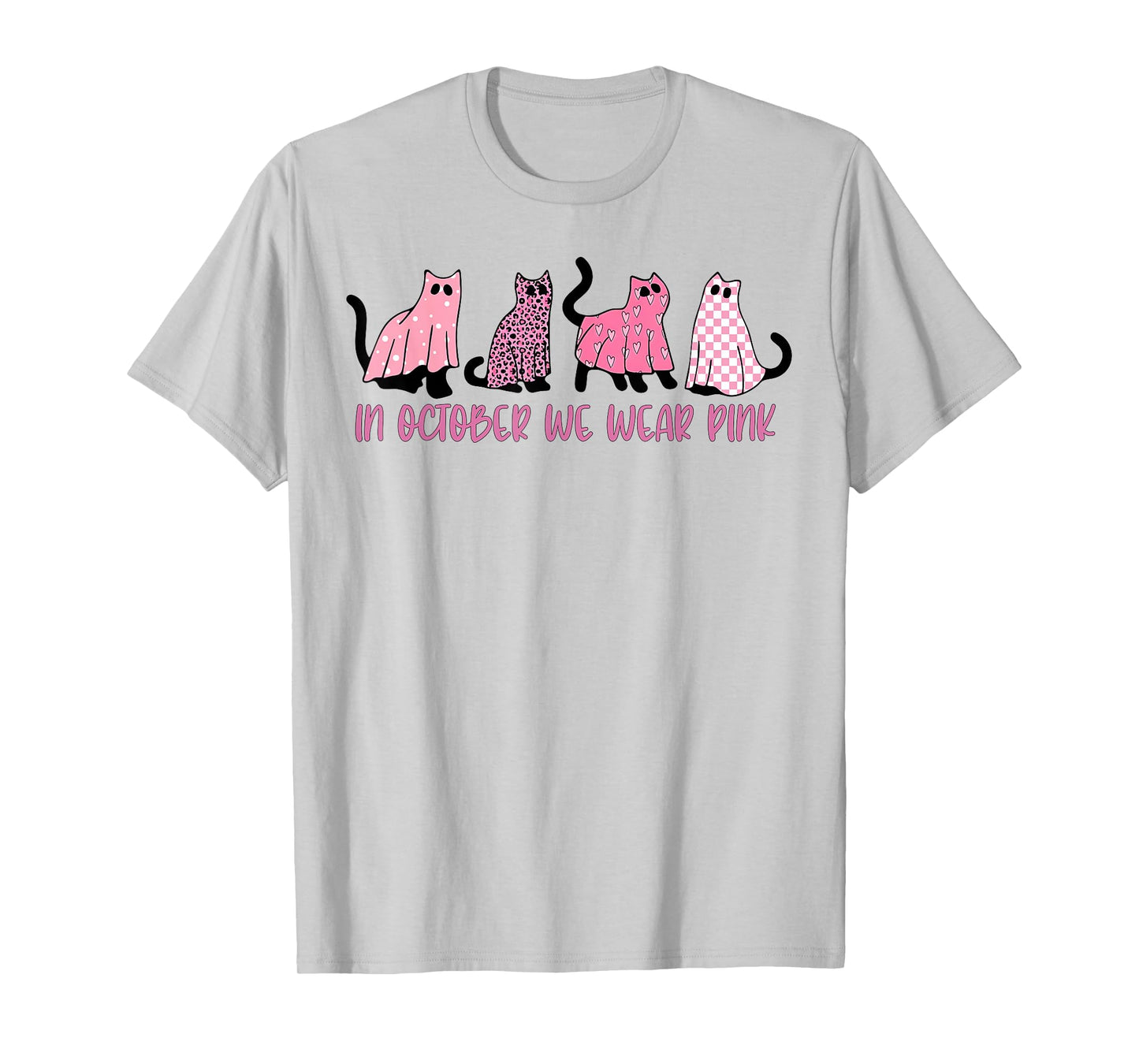 in October We Wear Pink Ghost Cats Breast Cancer Awareness T-Shirt