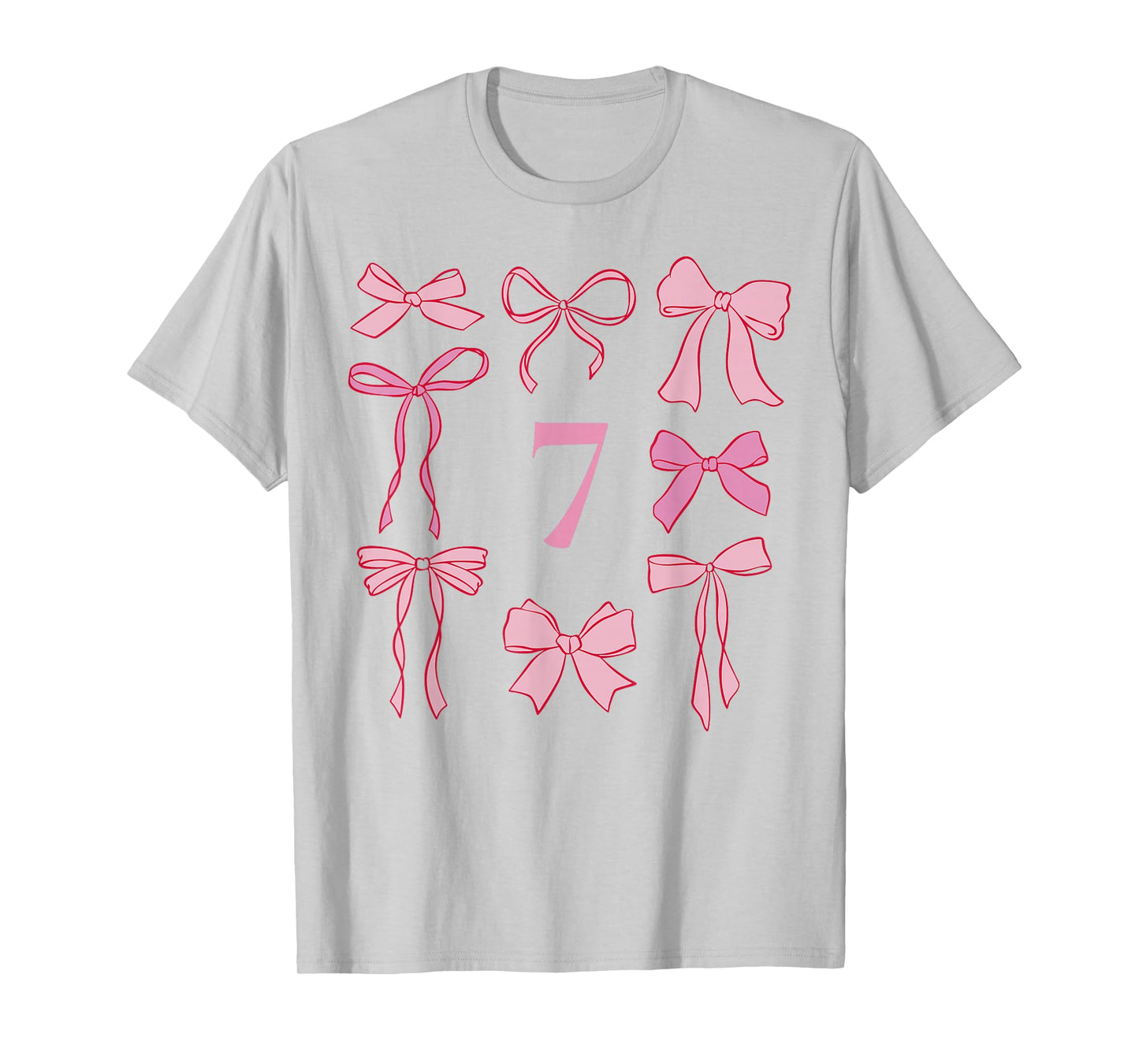 Hello Seven Coquette Preppy Pink Bow 7th Birthday Girl T-Shirt