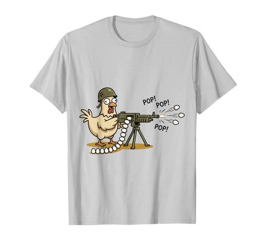 Funny Military Chicken Soldier with Heavy Gun Shooting Eggs T-Shirt