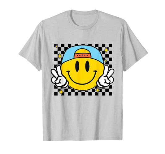 Yellow Smile Face Cute Checkered Peace Smiling Happy Face T-Shirt