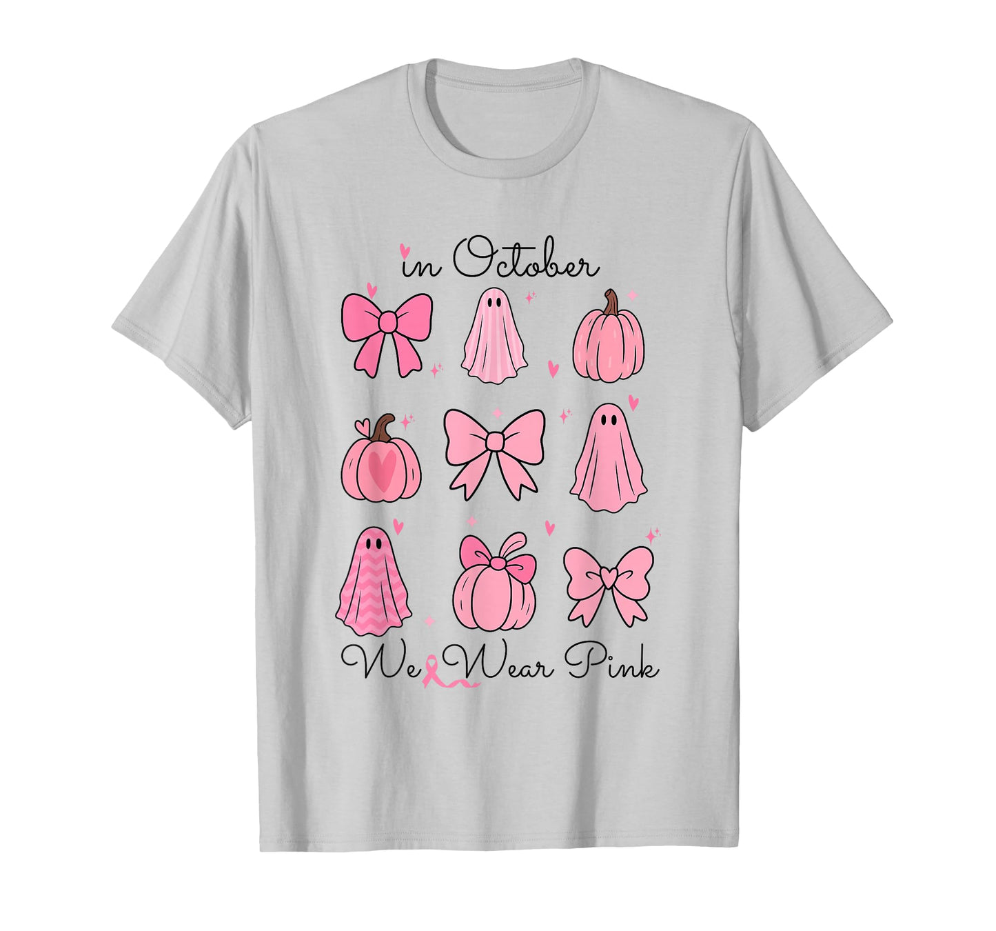 in October We Wear Pink Pumpkin Bows Ghost Breast Cancer T-Shirt