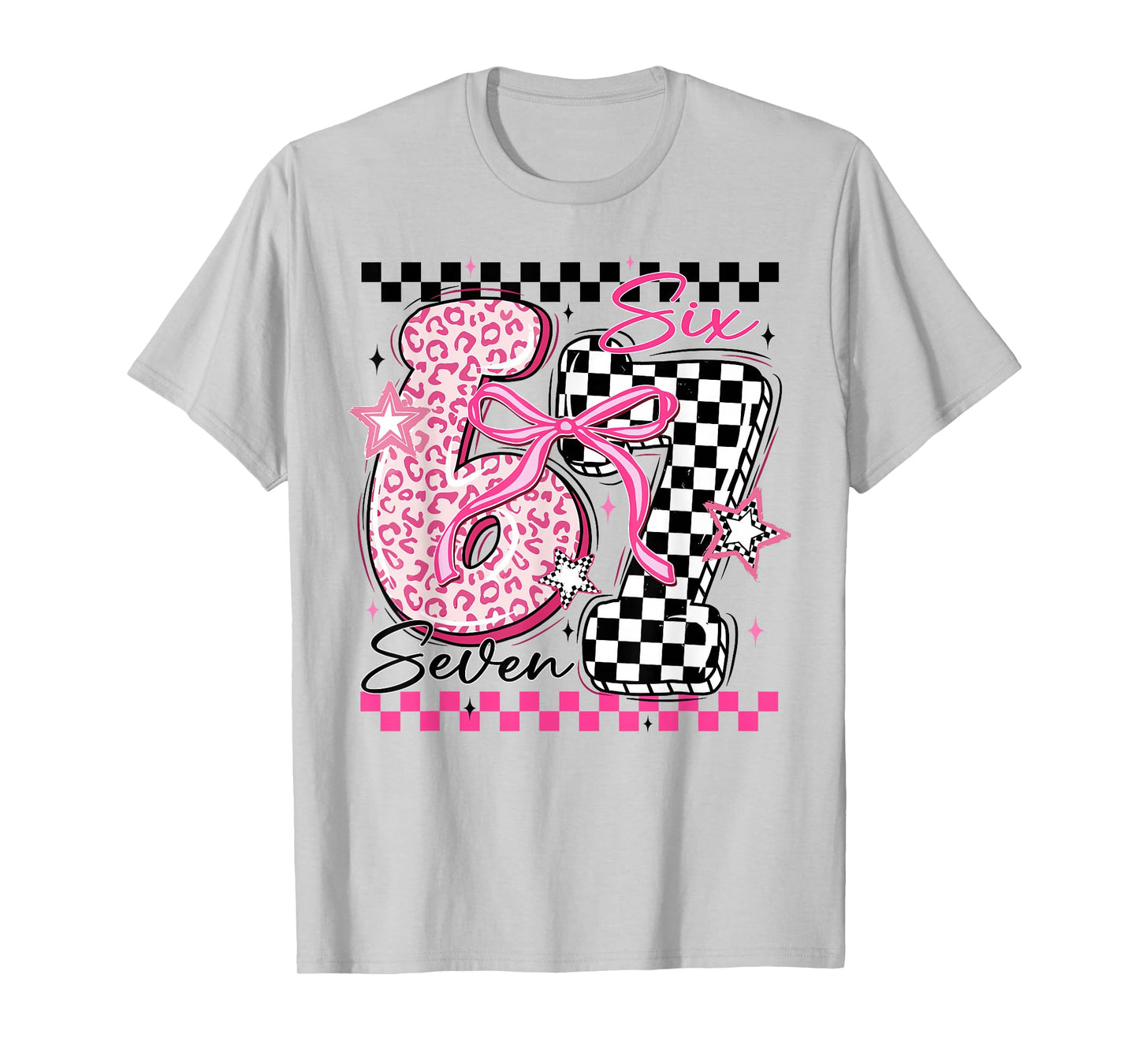 Six Seven 6 7 Leopard Checkered 67 Meme Teacher Women Girls T-Shirt