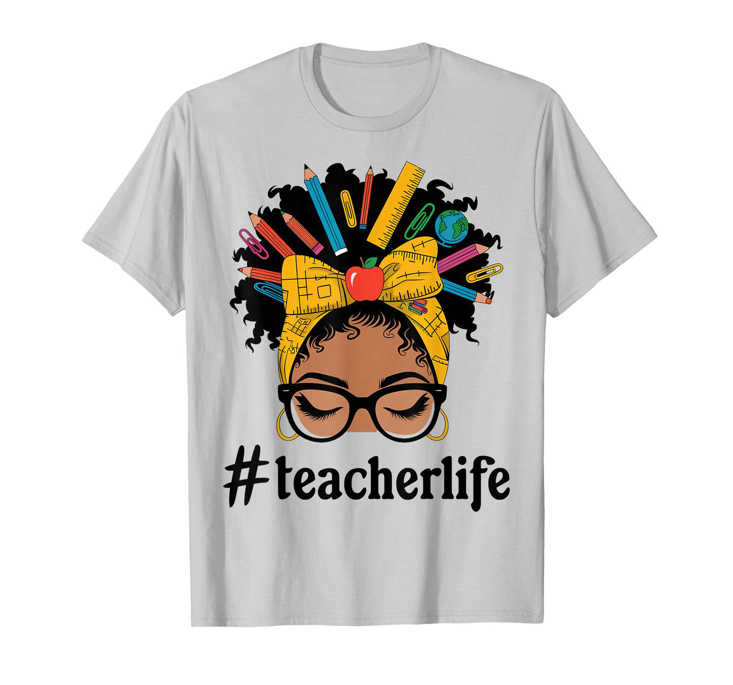 African American Black Teacher Life Messy Bun Afro Teacher T-Shirt