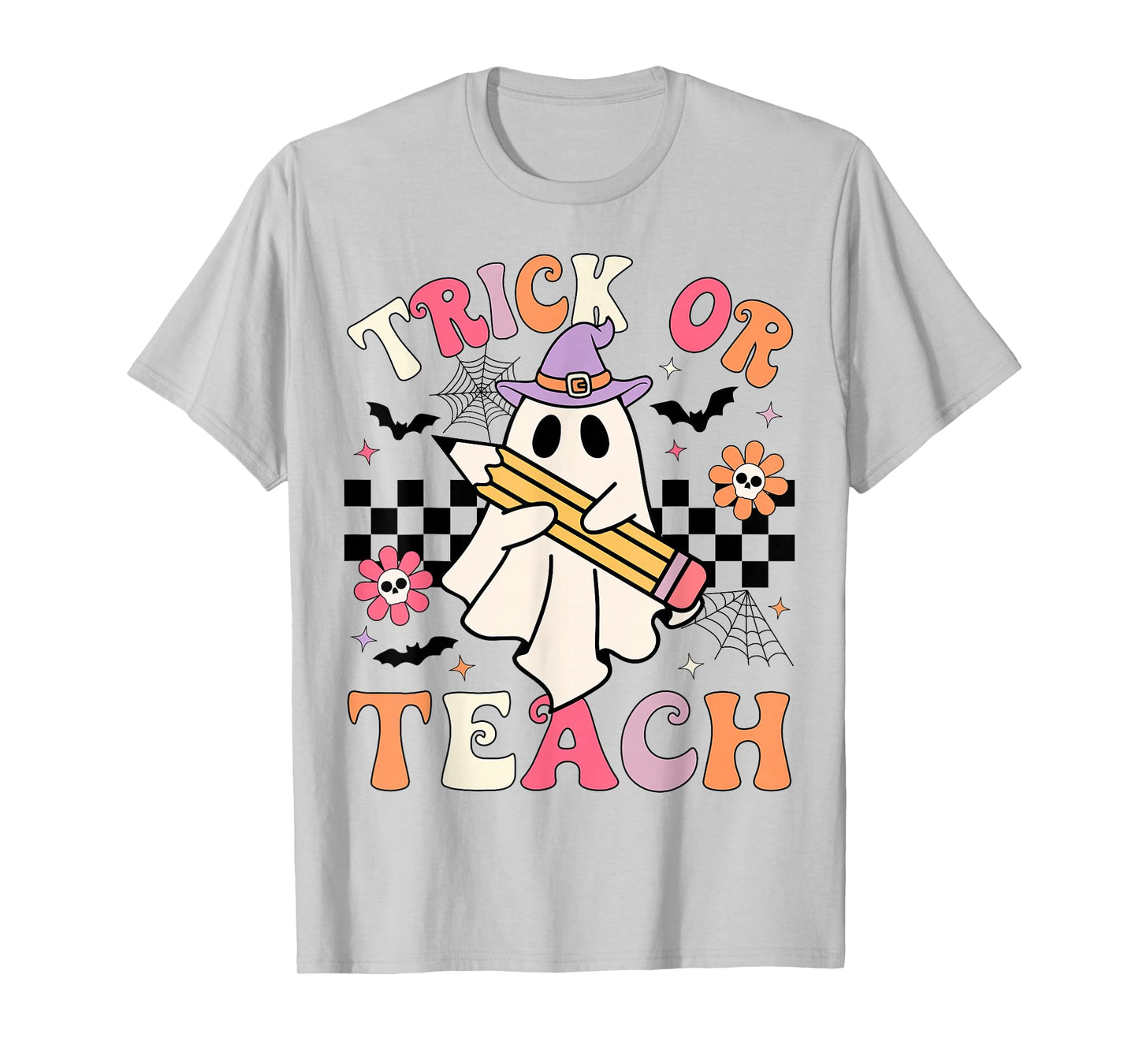 Trick Or Teach Groovy Teacher Halloween Retro Floral Ghost T-Shirt