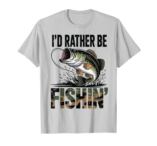 Youth Men Id Rather Be Fishing Camo Bass Fish Dad Joke Funny T-Shirt