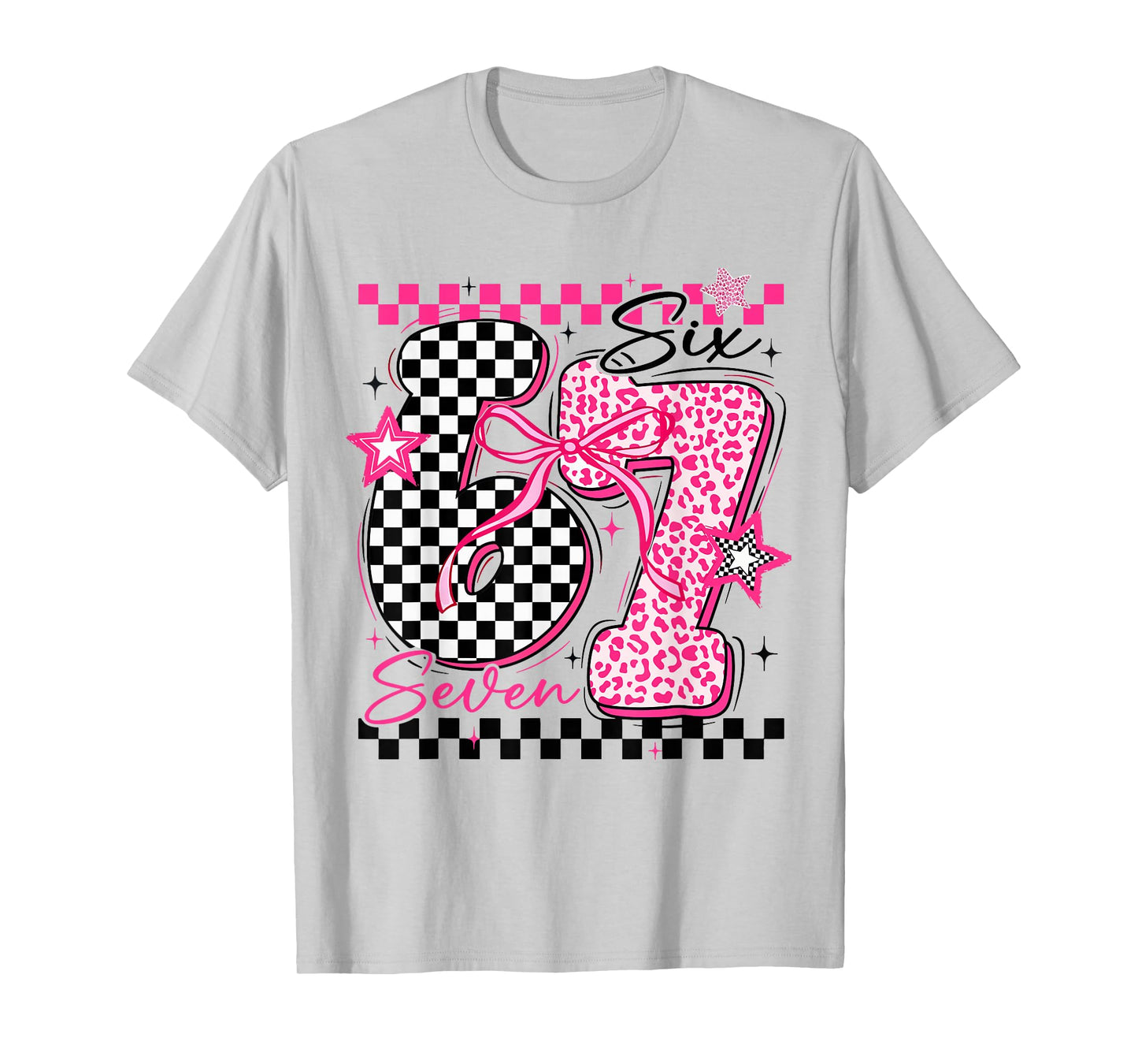 67 Leopard Checkered Funny Six Seven Meme 6-7 Teachers Kids T-Shirt