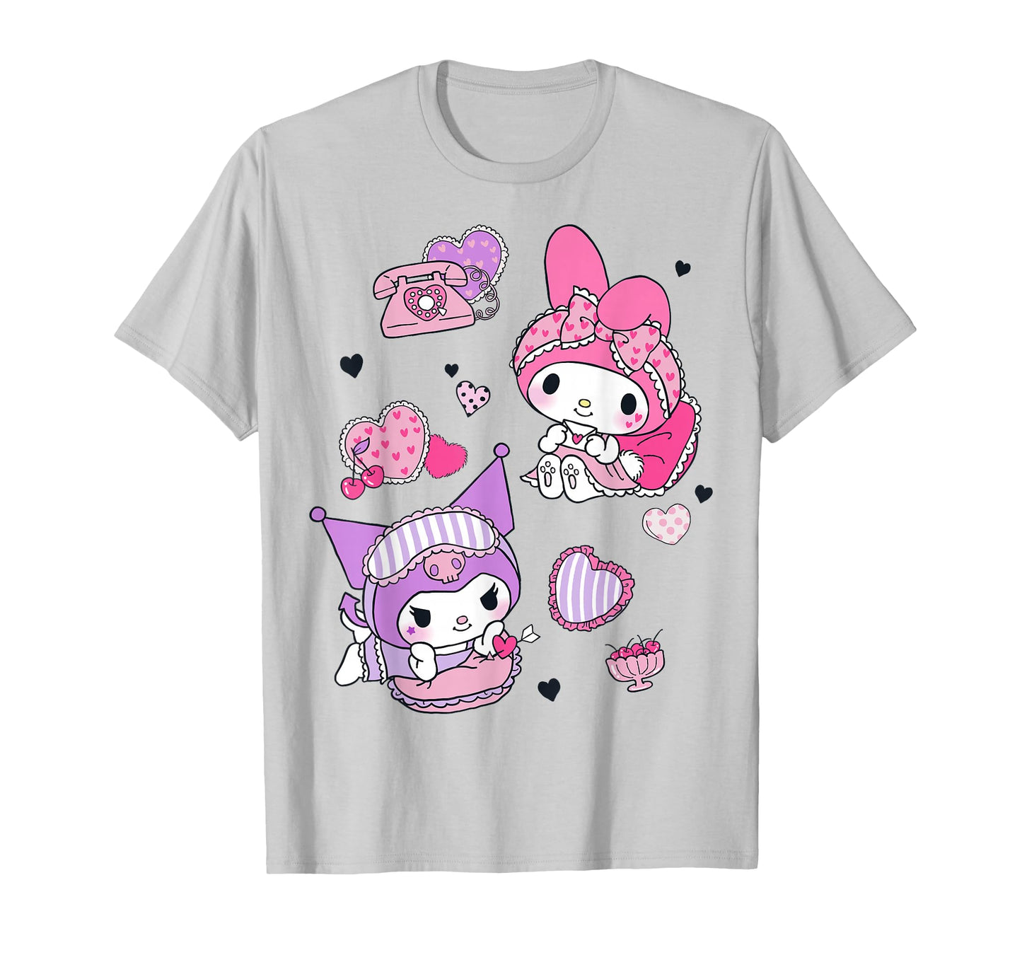 Hello Kitty My Melody and Kuromi Sleepover Fun Flying Hearts T-Shirt