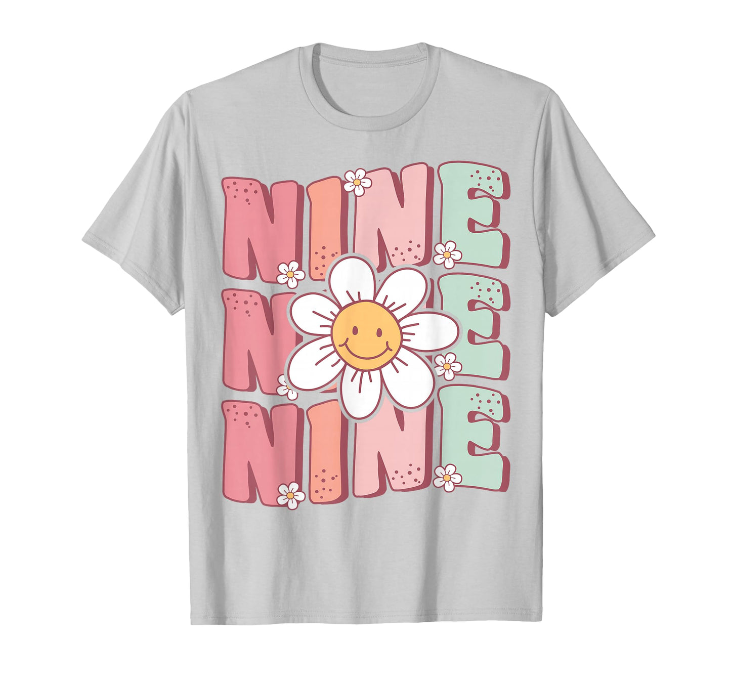 Cute Groovy 9th Birthday Party Daisy Flower Nine Year Old T-Shirt
