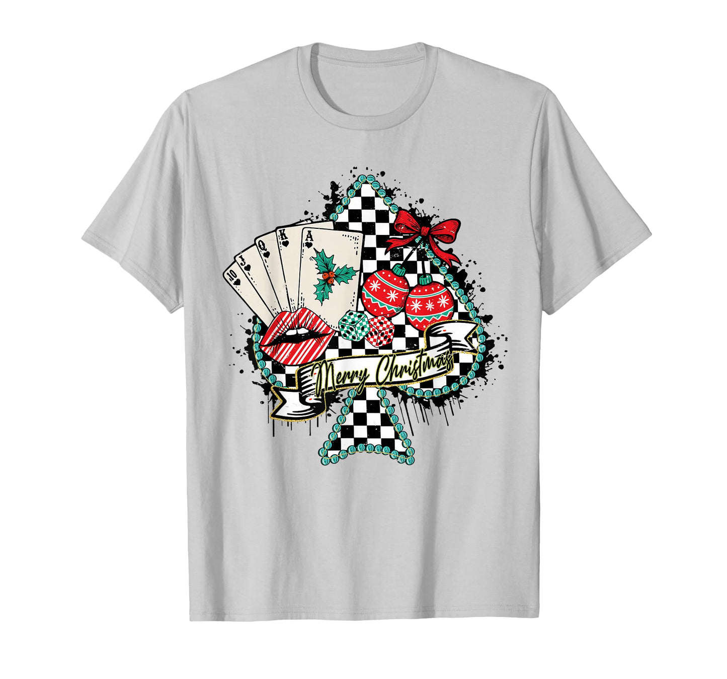 Merry Christmas Poker Queen Retro Checkered Spade Tee T-Shirt