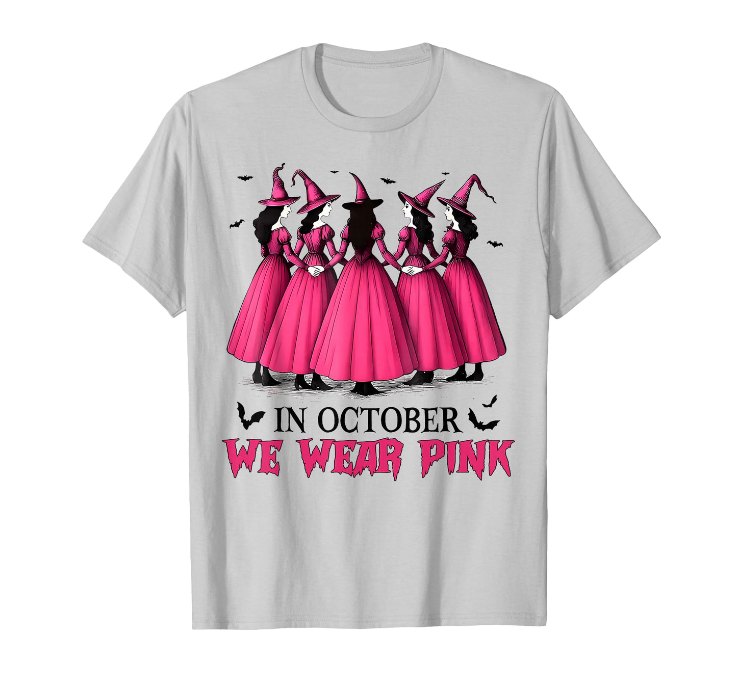 in October We Wear Pink Spooky Witch Halloween Breast Cancer T-Shirt