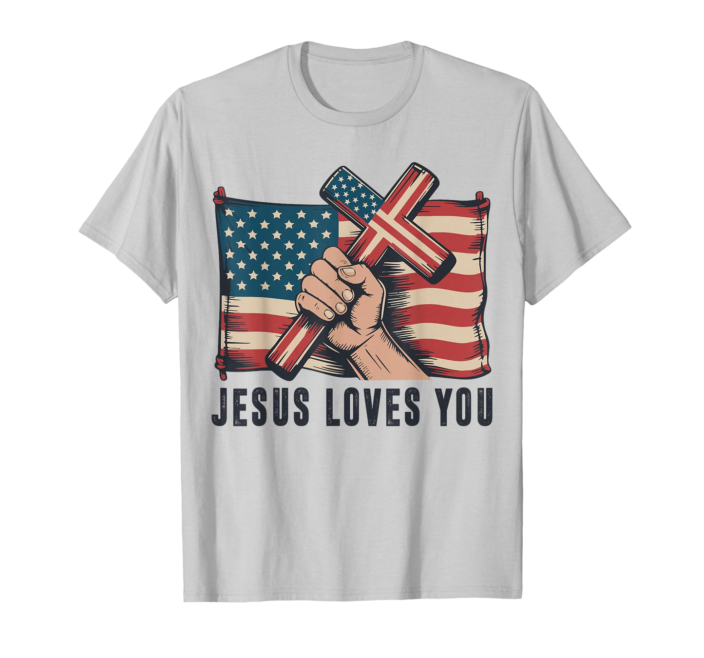 Mens Jesus Loves You American Flag Christian Patriotic Cross T-Shirt