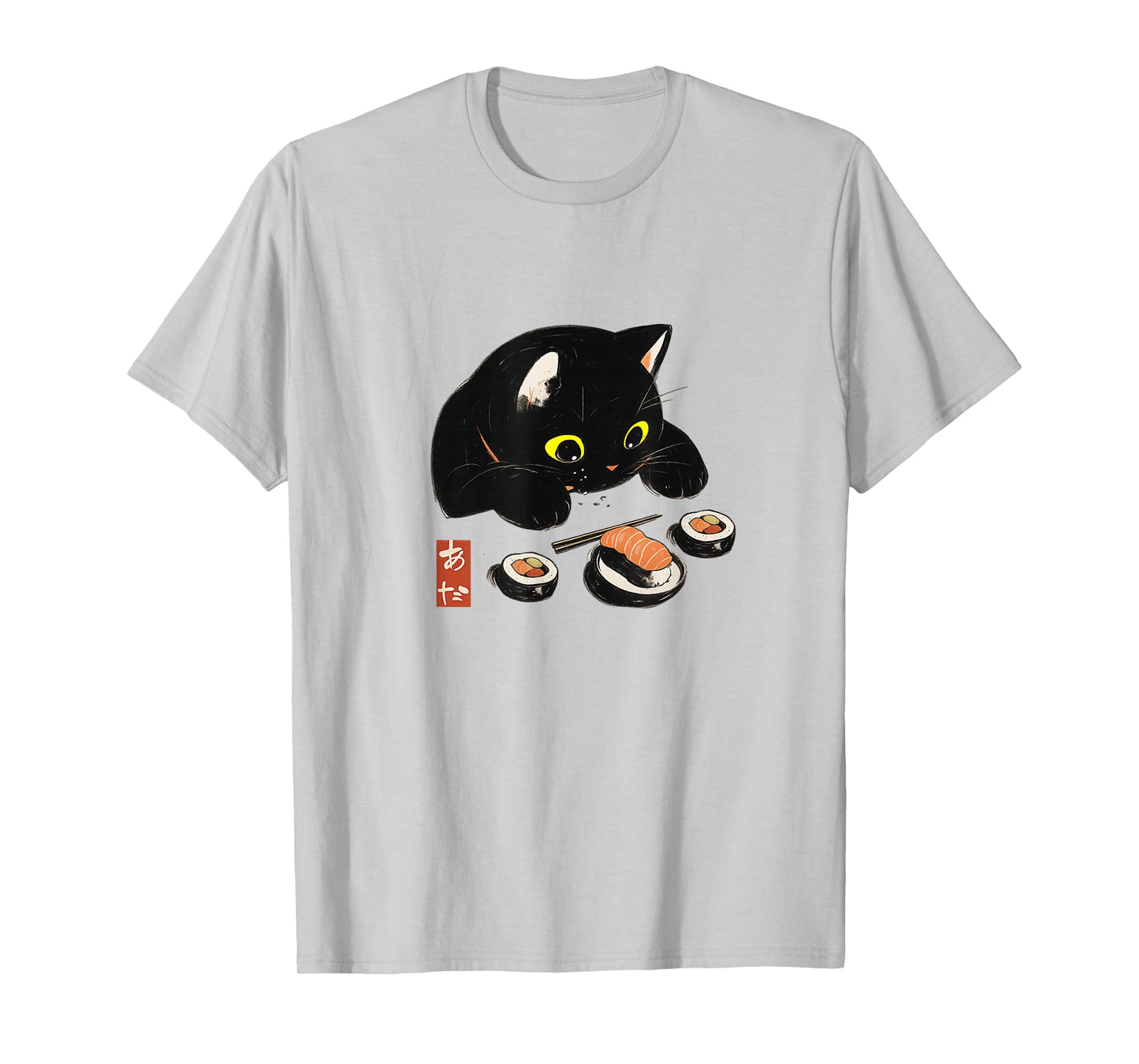 Kawaii Cat Eating Sushi Funny Japanese Anime Cute Black Cat T-Shirt