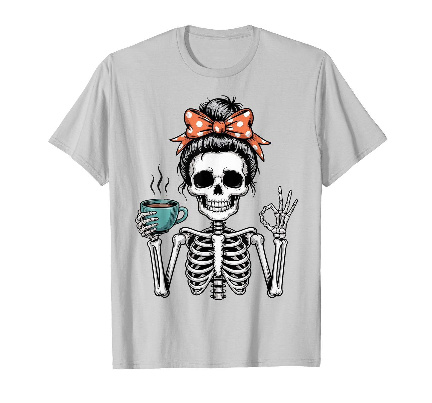 Messy Bun Skeleton Drinking Coffee Halloween Mom Women Girls T-Shirt