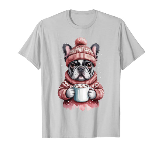 Cozy French Bulldog with Hot Cocoa Holiday Winter Sweater T-Shirt