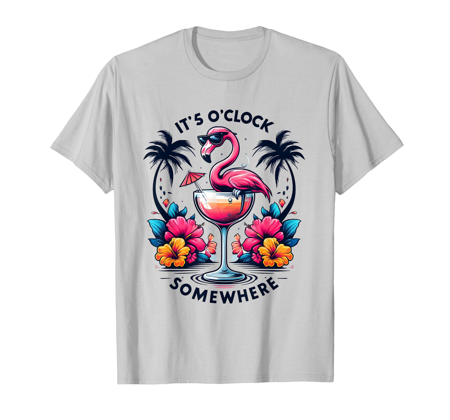 It's 5 O'Clock Somewhere Flamingo Beach Vacation Drinking T-Shirt for Men Women