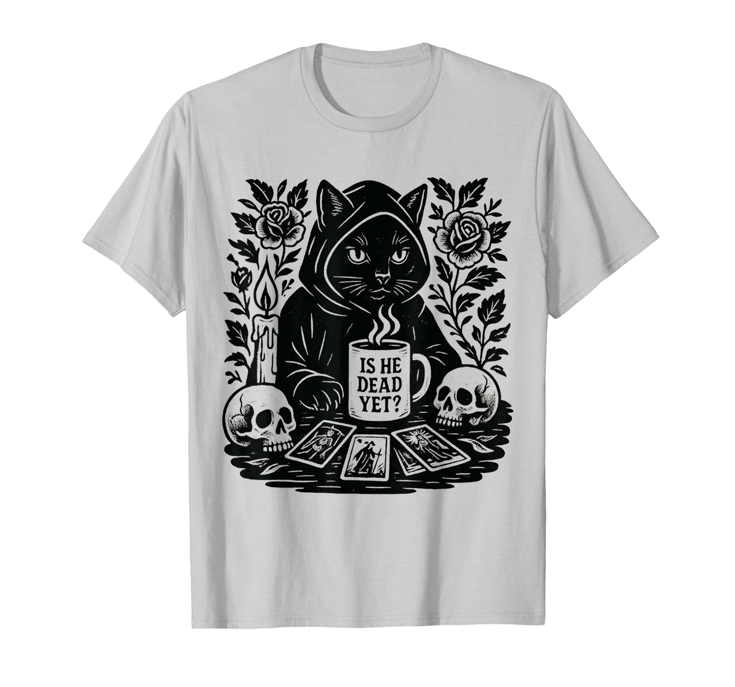Is He Vintage Dead Yet Dark Humor Gothic Coffee Ritual Cat T-Shirt