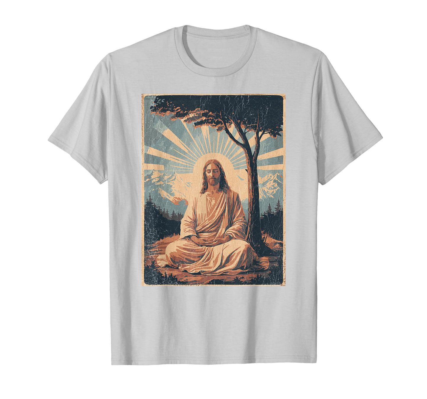 Jesus Meditating Under Tree, Mountains - Retro Faded Print T-Shirt