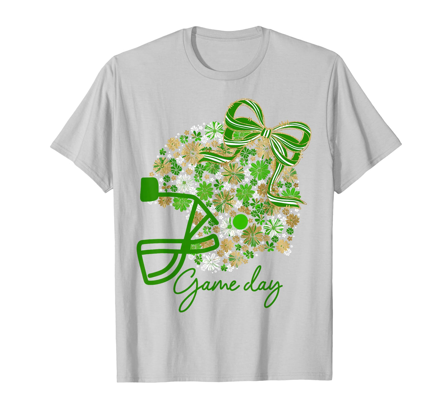Floral Football Game Day Girly Team Spirit Green Gold White T-Shirt