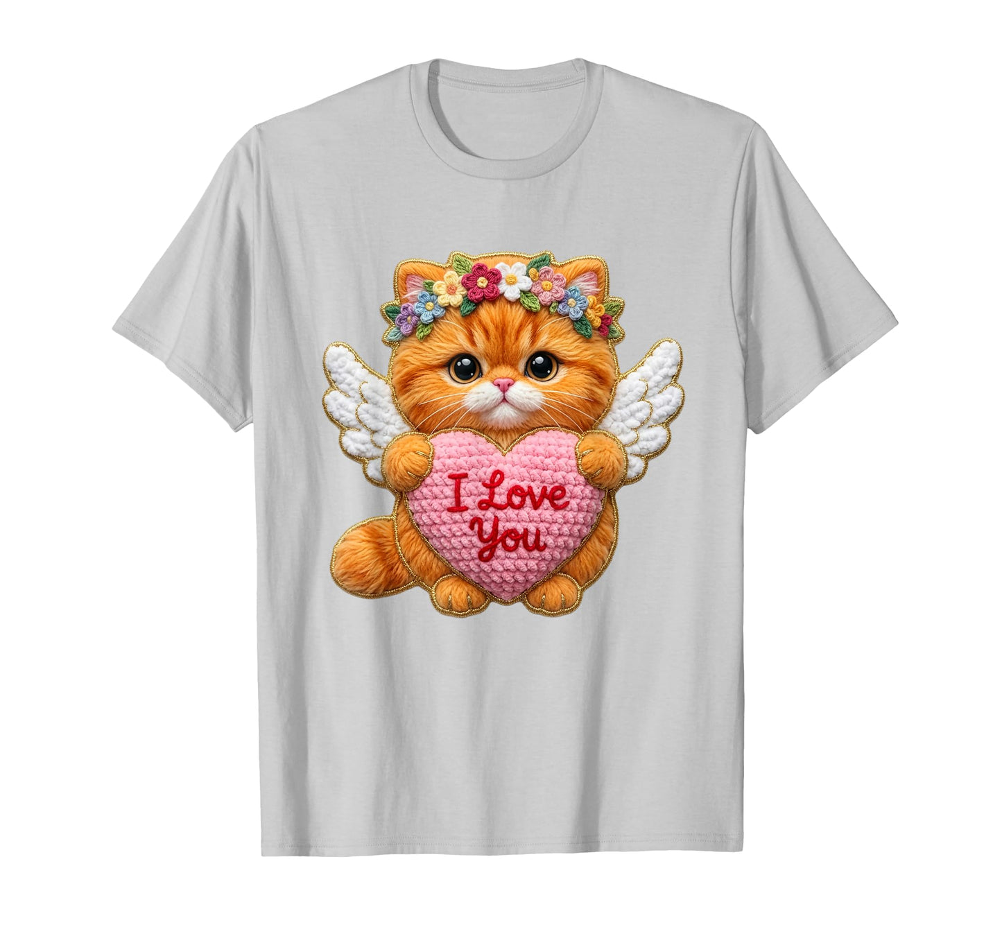 Valentine Cat Heart Design Cute Yarn-Look Angel Kitten Art T-Shirt