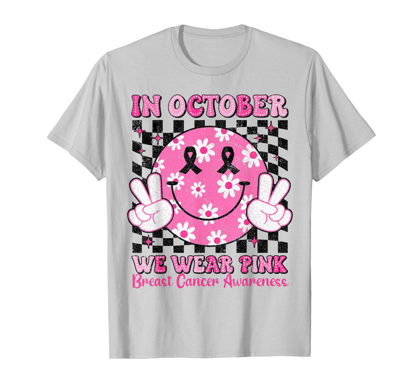 in October We Wear Pink Breast Cancer Awareness Checkered T-Shirt