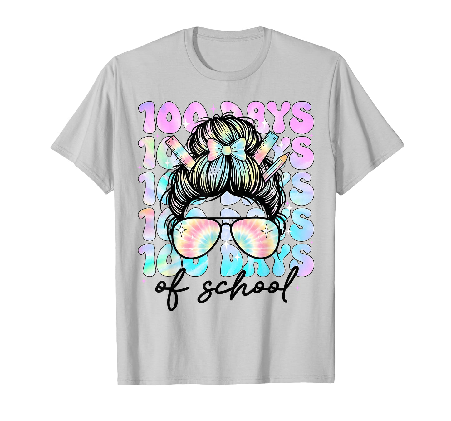 100 Days of School Girls Women 100th Day of School Messy Bun T-Shirt