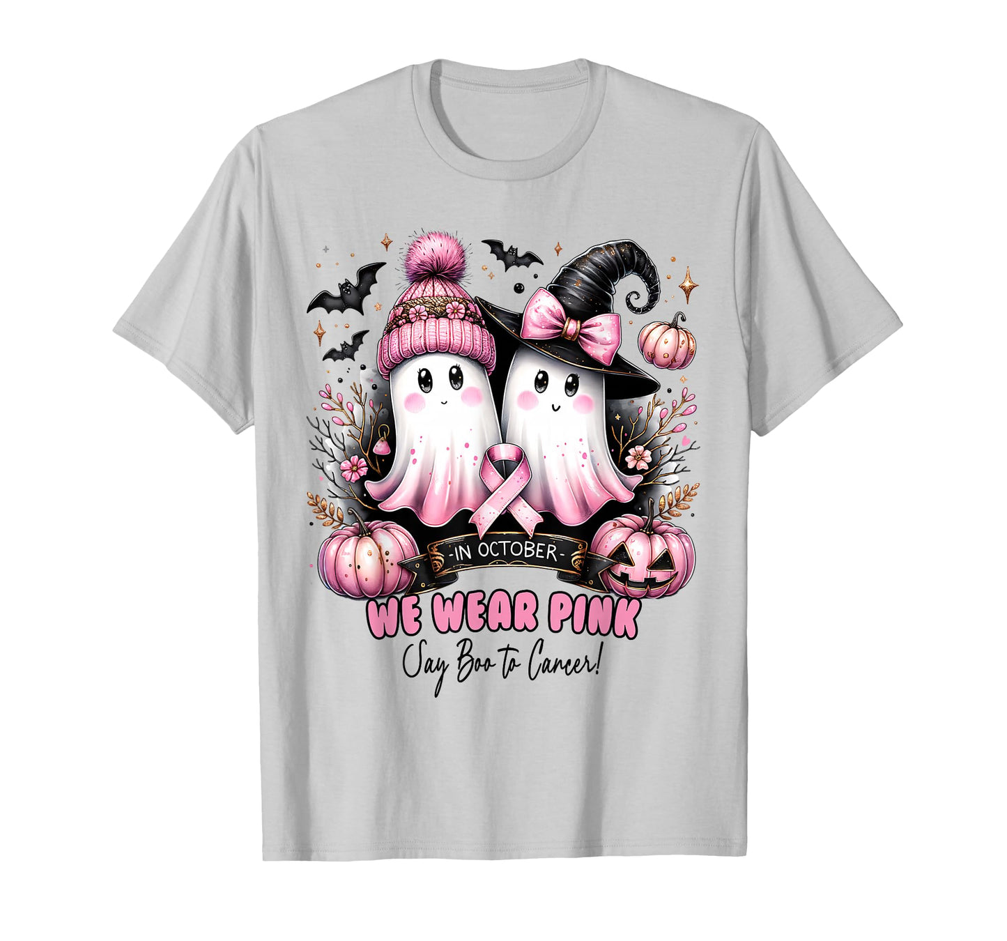 in October We Wear Pink Ghost Witch Breast Cancer Awareness T-Shirt