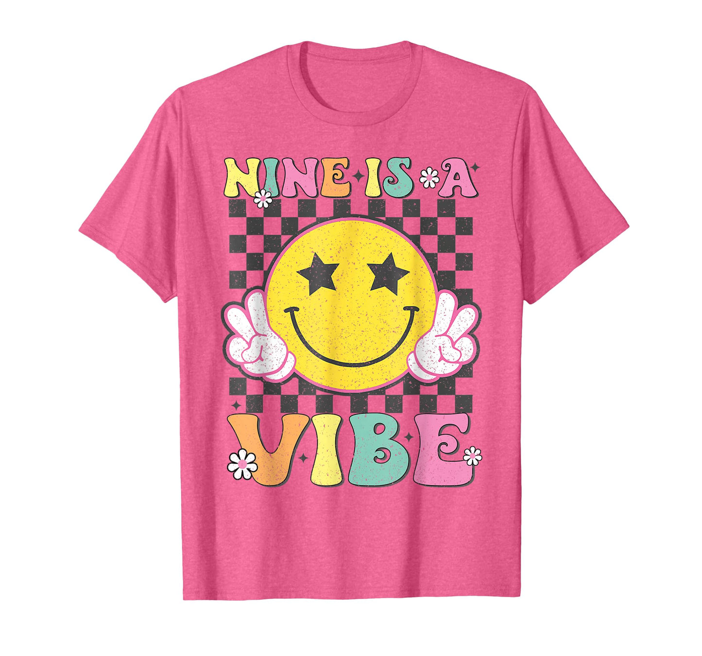 Nine Is A Vibe 9th Birthday Groovy Smile Face 9 Years Old T-Shirt