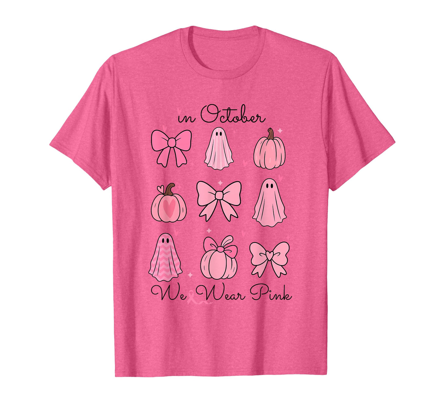 in October We Wear Pink Pumpkin Bows Ghost Breast Cancer T-Shirt