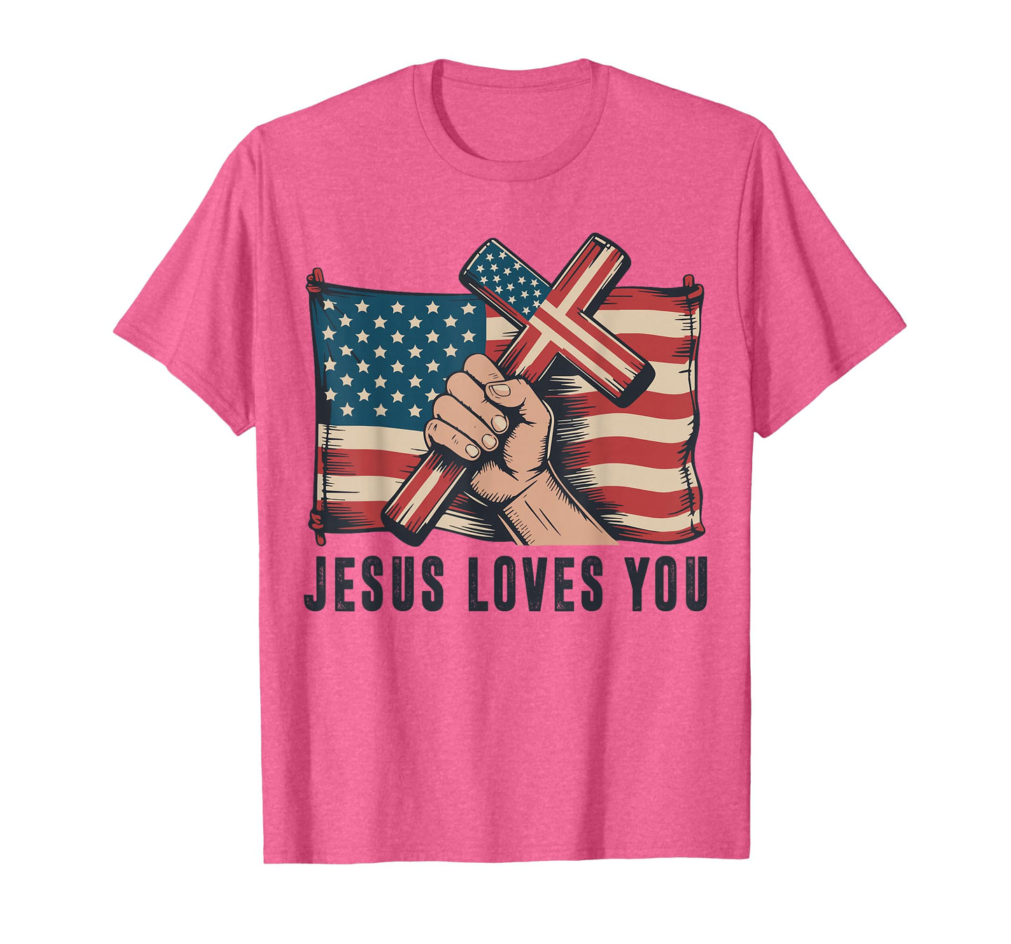 Mens Jesus Loves You American Flag Christian Patriotic Cross T-Shirt