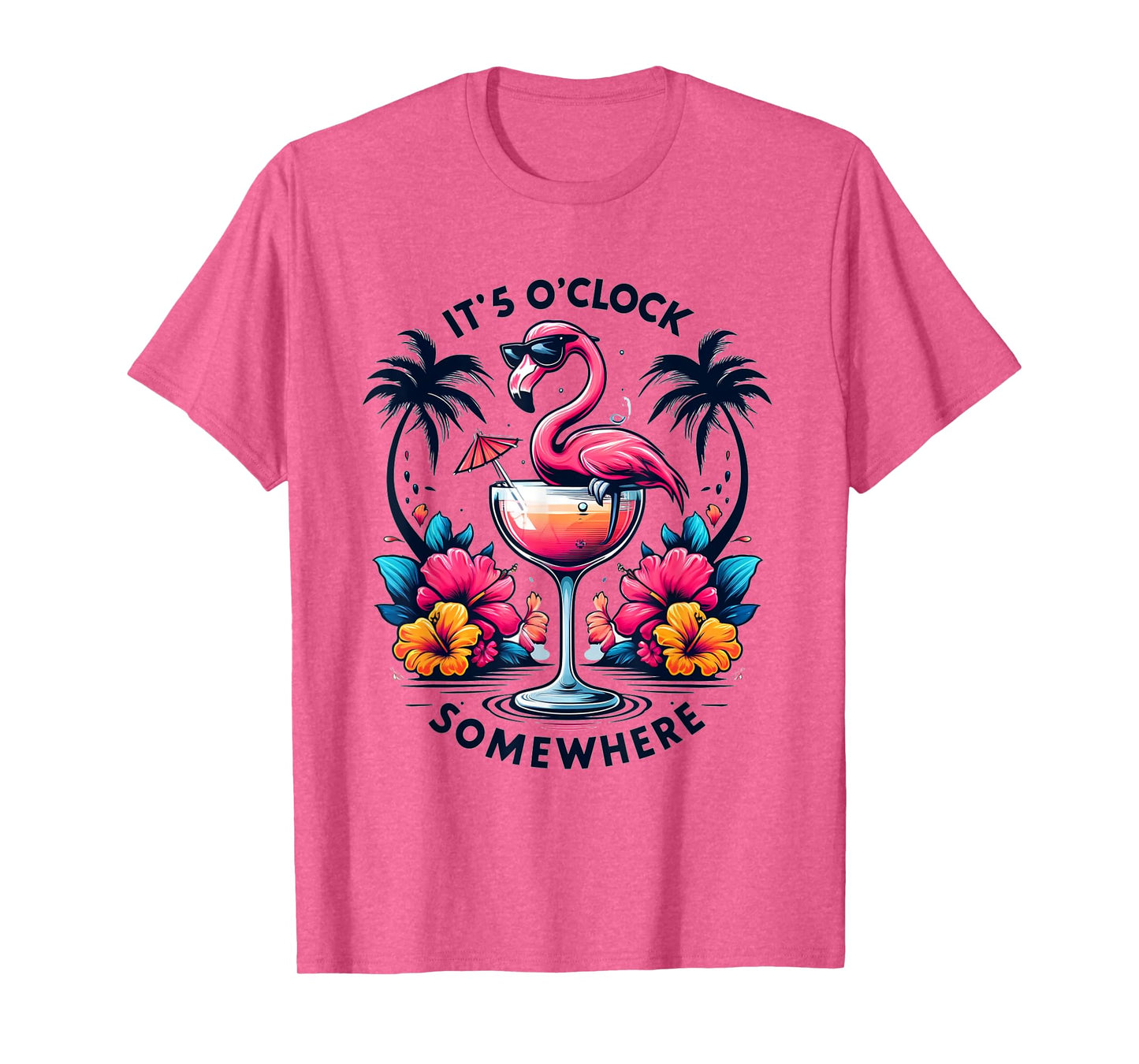 It's 5 O'Clock Somewhere Flamingo Beach Vacation Drinking T-Shirt for Men Women